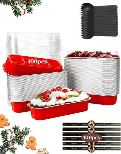 YQER 100 Pack Red Mini Cake Pans with Lids and Spoons, 6.8 oz Disposable Aluminum Foil Mini Loaf Pans with Stickers, Individual Dessert Cake Tins Containers for Valentine Gifts, Holidays, Parties