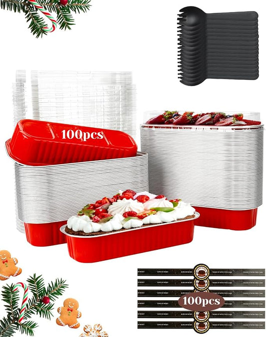 YQER 100 Pack Red Mini Cake Pans with Lids and Spoons, 6.8 oz Disposable Aluminum Foil Mini Loaf Pans with Stickers, Individual Dessert Cake Tins Containers for Valentine Gifts, Holidays, Parties
