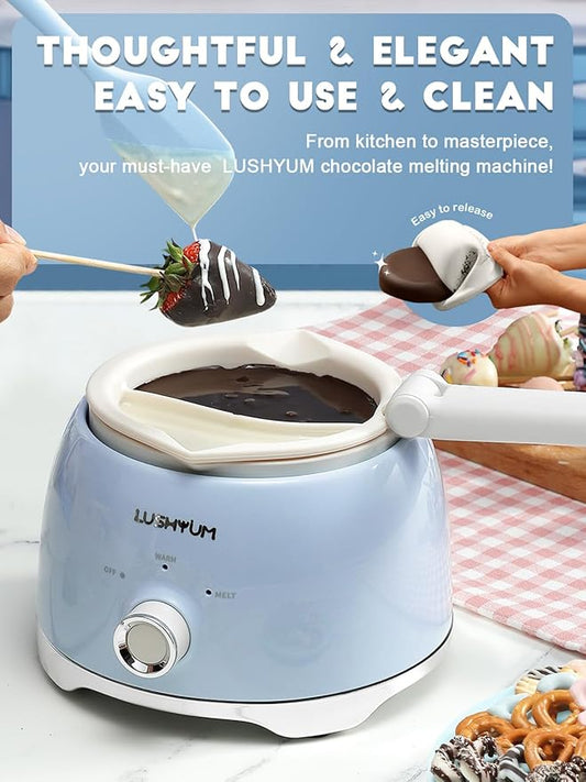 LUSHYUM Chocolate Melting Pot Candy Melts Melter with 2 Insert Pots and Spatula, 4 Cups Capacity Warmer Machine, Ideal Dipping Tool Kitchen Supplies for Making Cake Pop Covered Strawberries Fondue
