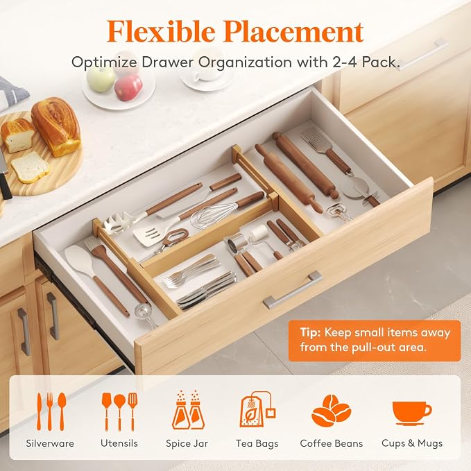 Lifewit 2.4" High 8 Pack Bamboo Drawer Dividers 33-42cm/13-16.5" Adjustable Wooden Drawer Organizer for Clothes/Utensils, Expandable Drawer Separator for Dresser/Kitchen/Bedroom/Office Organization