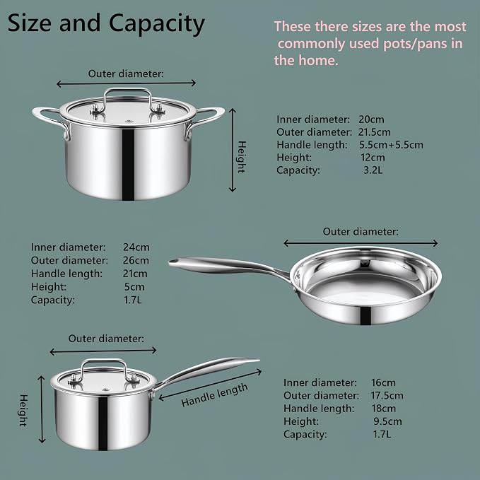 Cooking pots including glass lids, frying pan, set of 3 pots/pan, Ø16cm, Ø20cm, Ø26cm, dishwasher-safe, pots for induction, fully lined 3-ply stainless steel
