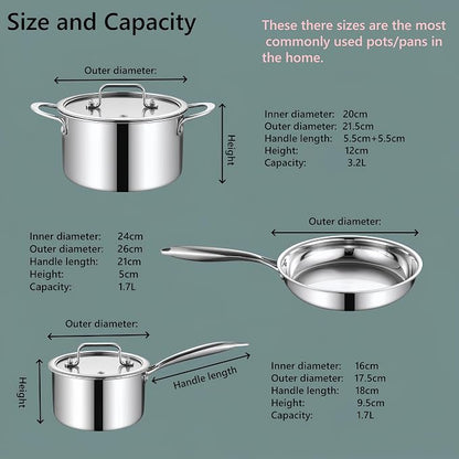 Cooking pots including glass lids, frying pan, set of 3 pots/pan, Ø16cm, Ø20cm, Ø26cm, dishwasher-safe, pots for induction, fully lined 3-ply stainless steel