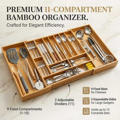 33" Expandable Bamboo Utensil Drawer Organizer | Solid Bamboo, Expands to 33" Wide, 11 Custom Compartments, Sorts Flatware & Utensils, Fits Kitchen or Office Drawers