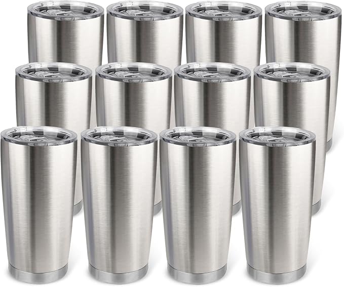 20oz Stainless Steel Tumbler Bulk with Lid, Travel Mug - Double Wall Vacuum Powder Coated Cup - Stainless steel, 12 Pack