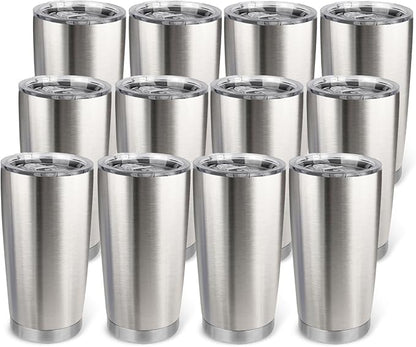20oz Stainless Steel Tumbler Bulk with Lid, Travel Mug - Double Wall Vacuum Powder Coated Cup - Stainless steel, 12 Pack