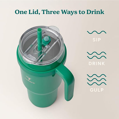 REDUCE 40 oz Stainless Steel Tumbler with Handle - Dual-Wall Vacuum Insulated Travel Mug, Sweat-Proof Lid & Reusable Straw - Keeps Drinks Cold for 24 Hrs, Fits Cupholders, Dishwasher Safe - Palm Leaf