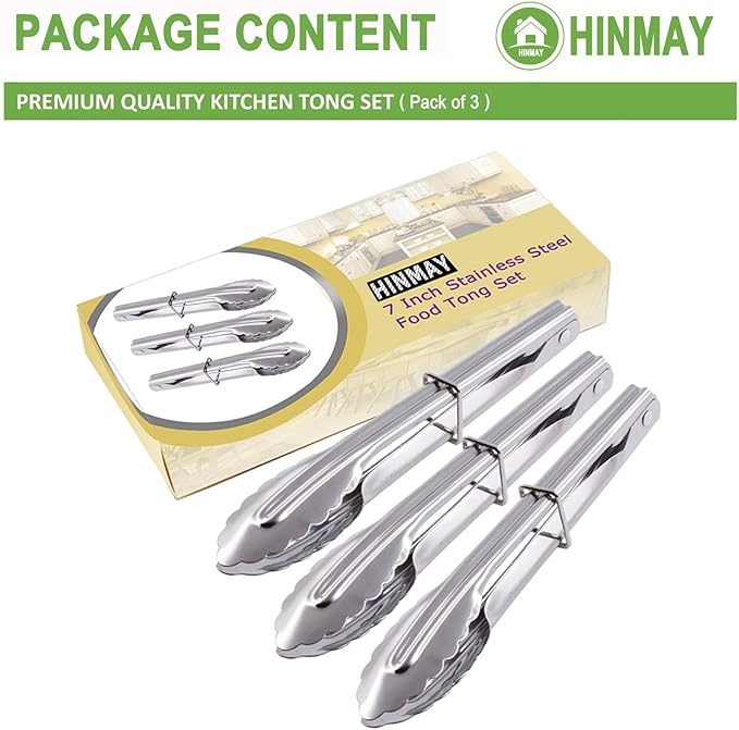 HINMAY 7-Inch Small Stainless Steel Serving Tongs, Set of 3 (Silver) | 7-Inch Mini Metal Salad Tongs