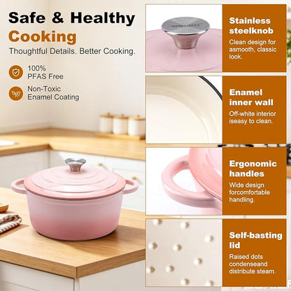 Enameled Cast Iron Dutch Oven - 7QT Pot with Lid,Oven Safe to 500°F,Heavy-Duty Cookware for Sourdough Bread Baking,Braising,Stews,Roasting Pink