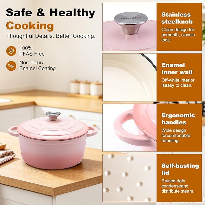 Enameled Cast Iron Dutch Oven - 4QT Pot with Lid,Oven Safe to 500°F,Heavy-Duty Cookware for Sourdough Bread Baking,Braising,Stews,Roasting Pink