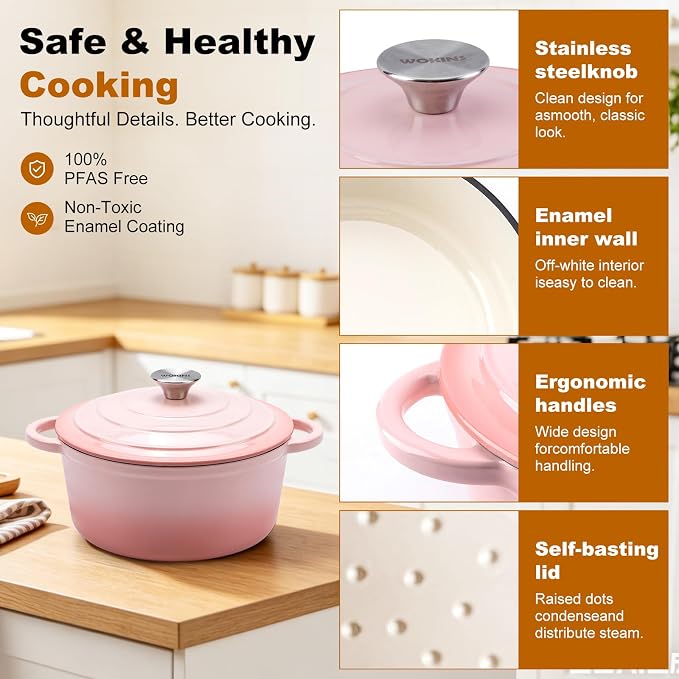 Enameled Cast Iron Dutch Oven - 5.5QT Pot with Lid,Oven Safe to 500°F,Heavy-Duty Cookware for Sourdough Bread Baking,Braising,Stews,Roasting Pink
