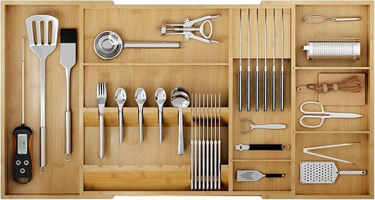 Bamboo Silverware Drawer Organizer, 17.72-29.53 Inch Expandable Large Kitchen Drawer Organizer, 5-8 Slot Flatware with Removable Card Slots & Knife Block for Spoon Butter Knive, Natural