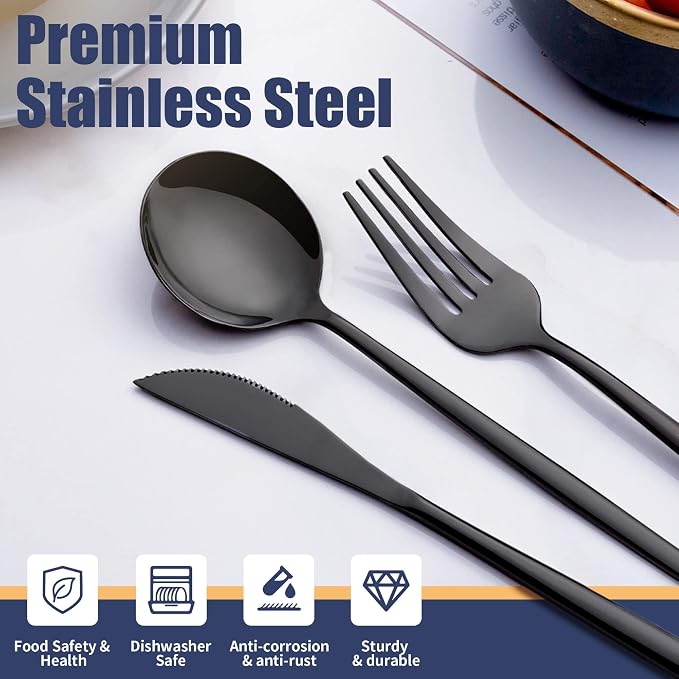40 Piece Black Silverware Set, Stainless Steel Flatware Cutlery Set Service for 8 Including Forks Spoons Knives,Kitchen Utensil Set,Tableware for Home and Restaurant, Dishwasher Safe
