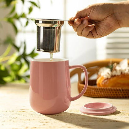 Sweese 20 OZ Porcelain Tea Mug with Infuser and Lid, Loose Leaf Tea Cup, Gifts for Tea Lover - Pink