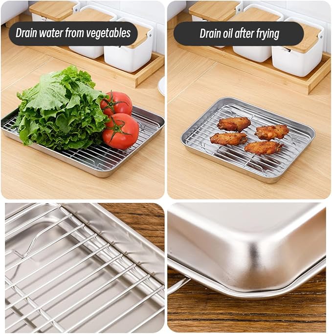 2-in-1 Stainless Steel Baking Sheet with Cooling Rack, Food Grade Oven Pan, Oven Safe, Warp Resistant, Heavy Duty, Easy Clean, Dishwasher Safe, for Baking, Roasting, Cooling, Draining Oil