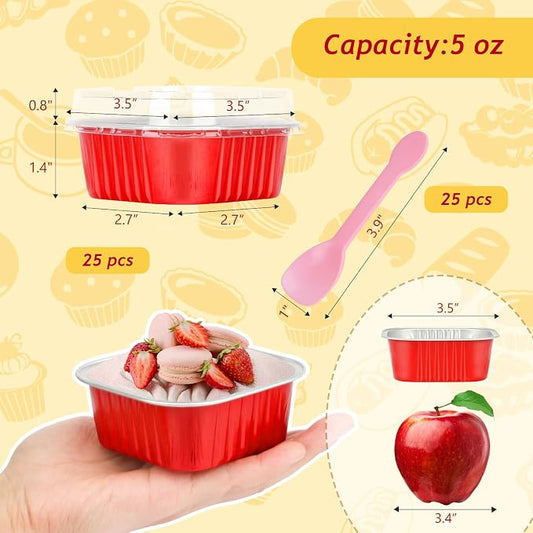 LNYZQUS 5oz Mini Cake Pans with Lids 25 Pack, Foil Muffin Cups for Oven, Disposable Cupcake Containers, Square Individual Baking Tins Small Creme Brulee Ramekins for Christmas Baking Gifts -Red