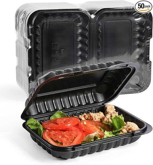 YANGRUI 50-Pack 28oz 9x6 Takeout Containers - Shrink Wrapped No Pre-Wash | Heavy Duty Mineral PP, Microwave & Freezer Safe | Reusable Clamshell for Meal Prep, Work Lunch, Leftovers, Picnic & Party