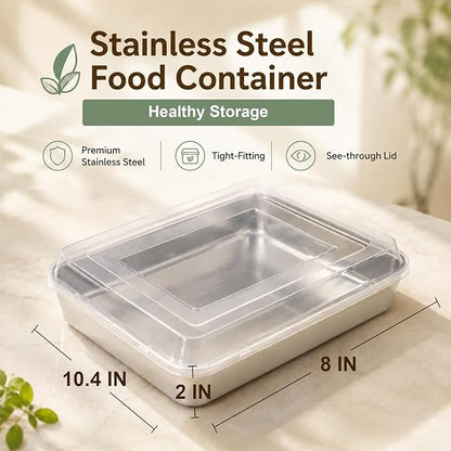 E-far Toaster Oven Baking Pan with Lid, 10.4”x 8”x 2” Stainless Steel Rectangle Sheet Cake Pans with Covers, Small Bakeware for Cakes Brownies Casseroles, Non-toxic & Dishwasher Safe -Set of 2