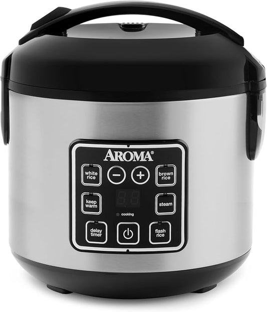 AROMA Digital Rice Cooker, 4-Cup (Uncooked) / 8-Cup (Cooked), Steamer, Grain Cooker, Multicooker, 2 Qt, Stainless Steel Exterior, ARC-914SBD