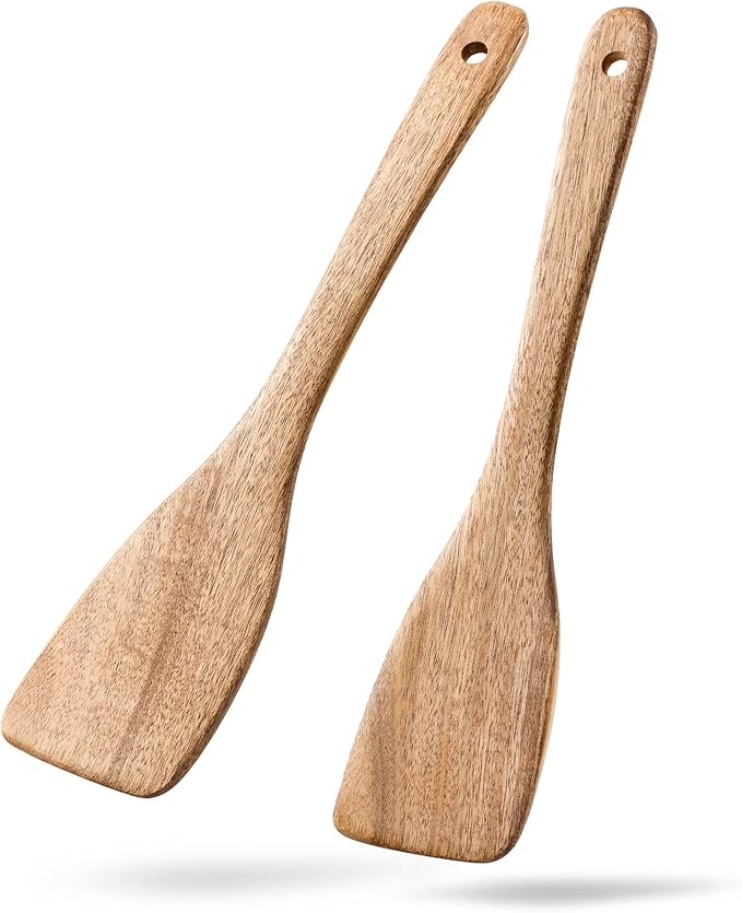 2PCS Wooden Spatulas for Cooking, 13inch Coated Acacia Wood Turners for Frying, Non-Scratch Wood Flat Spurtle for Pan & Wok, Wooden Cooking Utensils for Non Stick Cookware, Long Handle Scraper