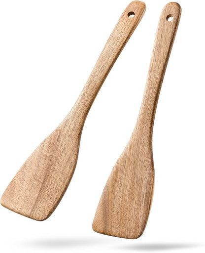 2PCS Wooden Spatulas for Cooking, 13inch Coated Acacia Wood Turners for Frying, Non-Scratch Wood Flat Spurtle for Pan & Wok, Wooden Cooking Utensils for Non Stick Cookware, Long Handle Scraper