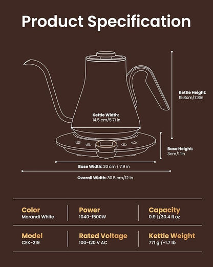 INTASTING Gooseneck Electric Kettle, ±1℉ Temperature Control, Stainless Steel Inner, Quick Heating, for Pour Over Coffee, Brew Tea, Boil Hot Water, 1500W/0.9L (Morandi White)