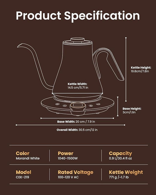 INTASTING Gooseneck Electric Kettle, ±1℉ Temperature Control, Stainless Steel Inner, Quick Heating, for Pour Over Coffee, Brew Tea, Boil Hot Water, 1500W/0.9L (Morandi White)