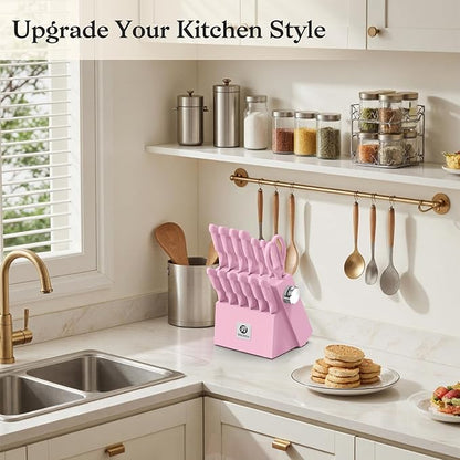 imarku Pink Kitchen Knife Set - 14-Piece Stainless Steel Knife Set with Block and Build-in Sharpener, Gift for Women, Anti-Slip Handle, Dishwasher Safe