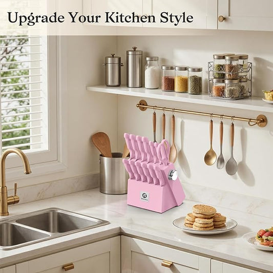 imarku Pink Kitchen Knife Set - 14-Piece Stainless Steel Knife Set with Block and Build-in Sharpener, Gift for Women, Anti-Slip Handle, Dishwasher Safe