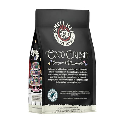 Bones Coffee Company Coco Crush, Coconut Macaron Flavored Coffee, Medium Roast Low Acid Arabica Beans Compatible with Auto drip and French Press Coffee Maker, 12 Oz Whole Bean