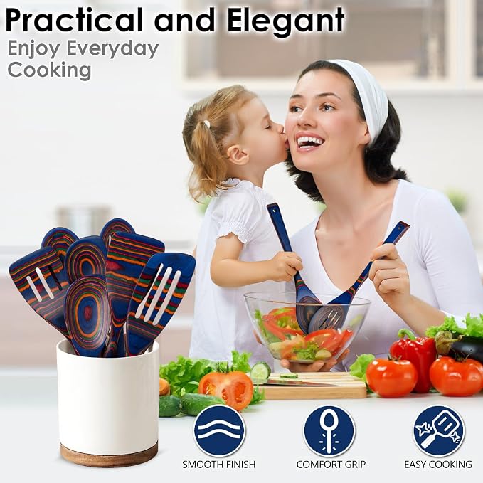 HOWHONG Wooden Spoons for Cooking, Pakkawood Kitchen Utensil Set Spectrum Color, Premium Durable Wooden Utensils for Nonstick Cookware, Heat Resistant, Smooth Finish, Comfortable Grip, 7 Piece