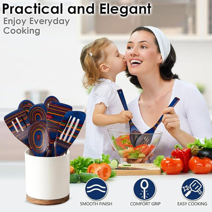 HOWHONG Wooden Spoons for Cooking, Pakkawood Kitchen Utensil Set Spectrum Color, Premium Durable Wooden Utensils for Nonstick Cookware, Heat Resistant, Smooth Finish, Comfortable Grip, 7 Piece