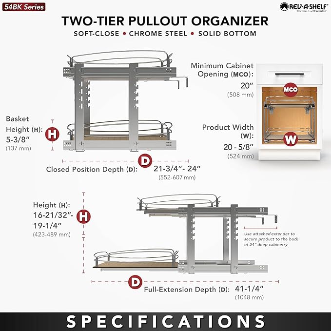Rev-A-Shelf 2 Tier Pull Out Kitchen Cabinet Storage Organizer with Solid Bottom & Undermount Soft-Close Full Extension Slides, Min Opening Width of 20", 54BK-21SC-2-1