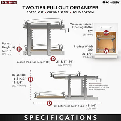 Rev-A-Shelf 2 Tier Pull Out Kitchen Cabinet Storage Organizer with Solid Bottom & Undermount Soft-Close Full Extension Slides, Min Opening Width of 20", 54BK-21SC-2-1