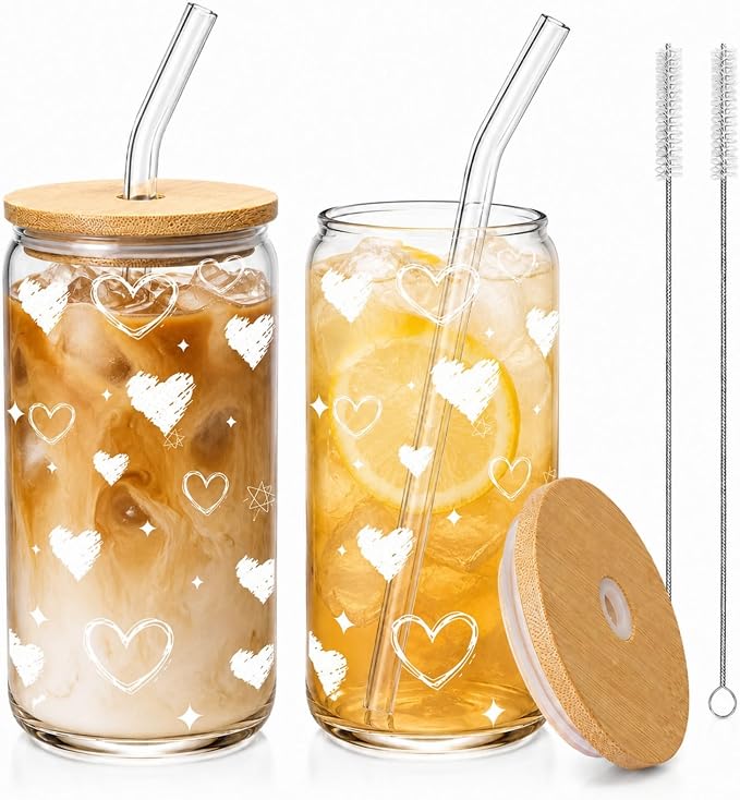 Glass Cups with Lids and Straws, 2 Pack Heart Glass Cups, 16 oz Borosilicate Iced Coffee Cups, Matching Drinkware for Best Friends, Couples, Birthday and Anniversary