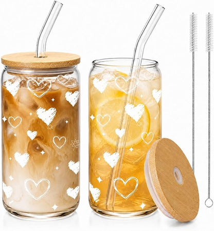 Glass Cups with Lids and Straws, 2 Pack Heart Glass Cups, 16 oz Borosilicate Iced Coffee Cups, Matching Drinkware for Best Friends, Couples, Birthday and Anniversary