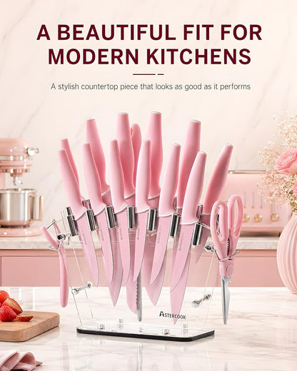 Astercook Knife Set with Block and Sharpener, 22 Piece Kitchen Knife Set Dishwasher Safe, Space-Saving Clear Knife Block with Knives for Everyday Home Cooking Pink
