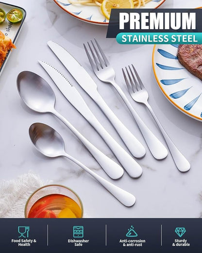 24-Piece Matte Silverware Set With Steak Knives, Stainless Steel Flatware for 4, Modern Cutlery Utensils, Spoons and Forks for Restaurant, Dishwasher Safe