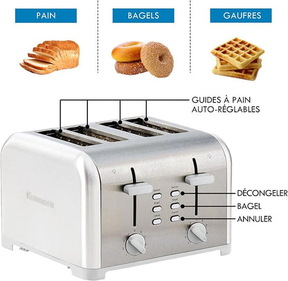 Kenmore Toaster 4 Slice - Extra Wide Slot Countertop Kitchen Appliance, Defrost Function, Grille-Pain, 9 Shade Settings, Compact Design, Easy Clean Crumb Tray, Bread Bagel, Stainless Steel & White