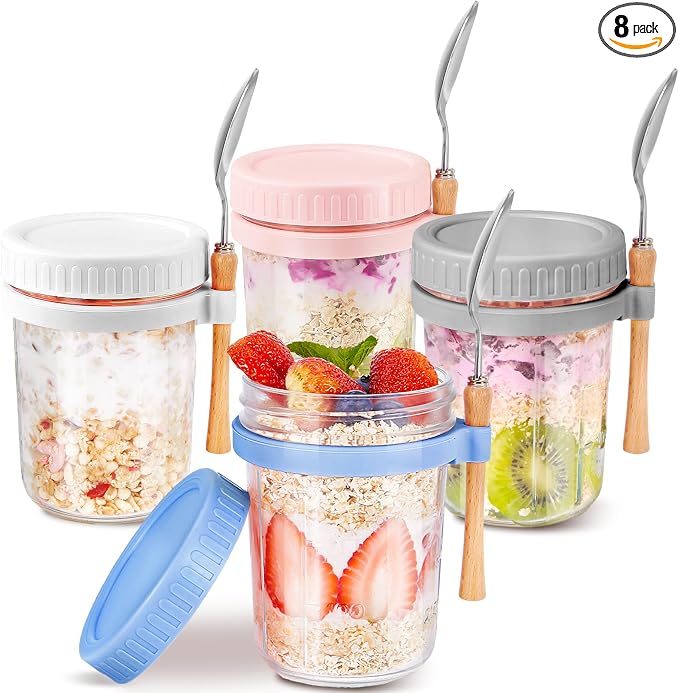 HomArtist Glass Overnight Oats Containers with Lids and Spoon, 16oz Wide Mouth Mason Jars for Overnight Oats, Cereal, Yogurt, Salad Lunch Container with Measurement Marks - MultiColor 4 Pack