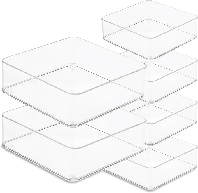 primebox Plastic Clear Drawer Organizers. Bathroom, Kitchen, Bedroom, Makeup, Office Organizer Bins, Storage Trays. Heavy Duty, Stackable. 6" x 6" x 2" Set of 6