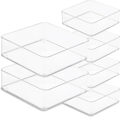 primebox Plastic Clear Drawer Organizers. Bathroom, Kitchen, Bedroom, Makeup, Office Organizer Bins, Storage Trays. Heavy Duty, Stackable. 6" x 6" x 2" Set of 6