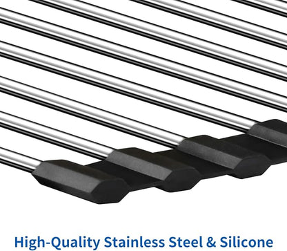 Triangle Dish Drying Rack for Sink Corner, 18/8 Stainless Steel with Thickened Silicone Edge, Roll-Up Space Saving Sink Caddy, Non-Slip Sponge Holder & Drainer Mat for Kitchen Counter
