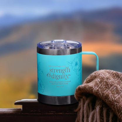 Christian Art Gifts Stainless Steel Double Wall Vacuum Insulated Camp Style Travel Mug 11 oz Floral Teal Coffee Mug with Lid and Handle for Women - Strength and Dignity - Proverbs 31:25