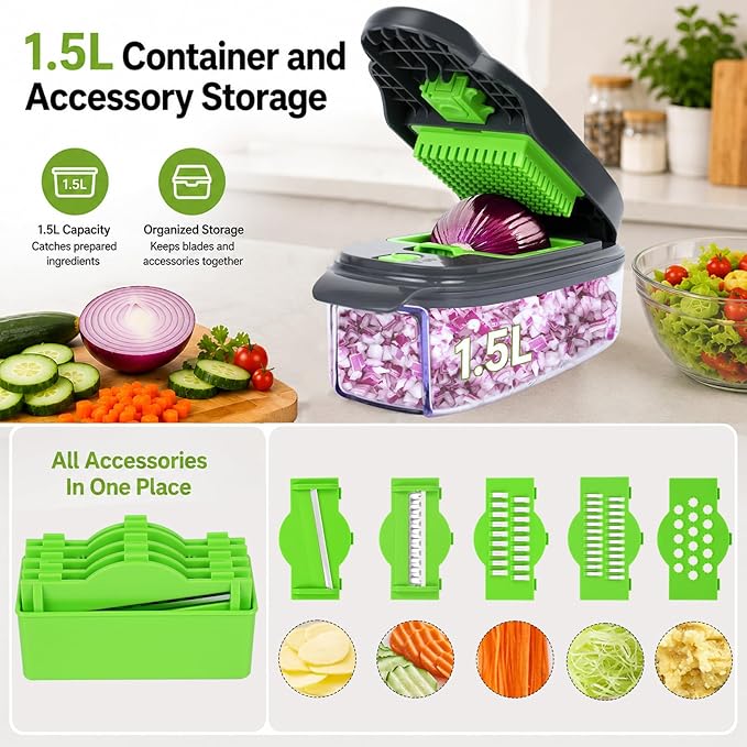 13-in-1 Vegetable Chopper, Full-Function Onion Chopper Slicer Dicer with Decorative Molds, 1.5L Container, Hand Guard and Blade Storage for Party and Lunchbox Prep, Gray Green(Grey & Green)