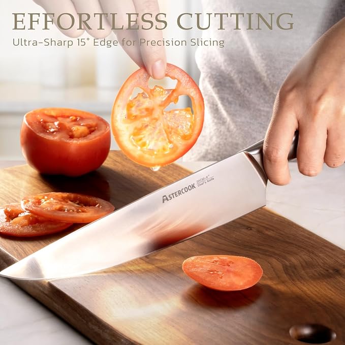 Astercook Knife Set, Kitchen Knives Set with Block and Sharpener Full Tang 15 Pcs Stainless Steel Knives, Dishwasher Safe Knife Set with Anti-slip Ergonomic Handle, Walnut, Fathers Day Gift for Men