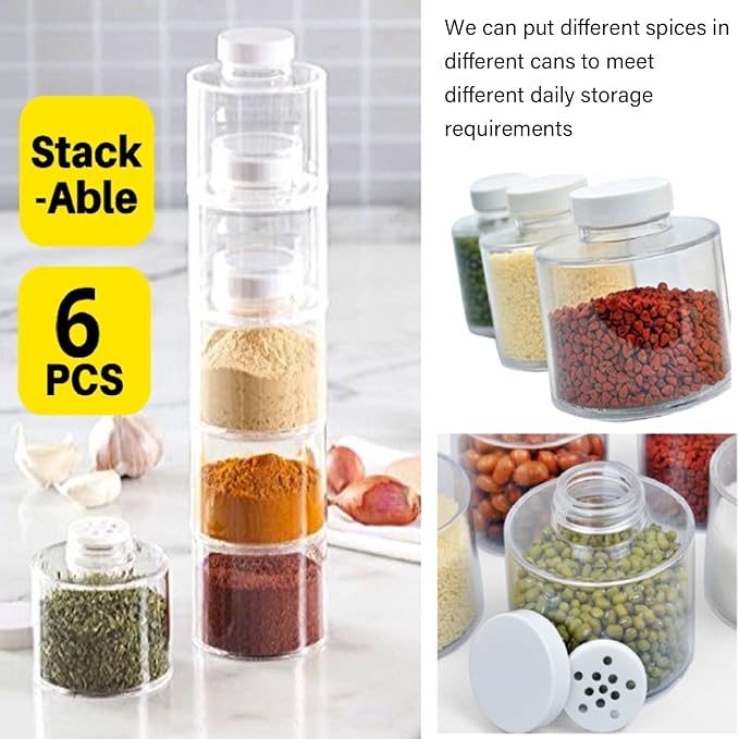 Horoper 6 Pcs Seasoning Box, Transparent Stackable Spice Pot Spice Tower, Spice Storage Box with Separate Covers, Travel Seasoning Pot Spice Jars Containers with Sifters