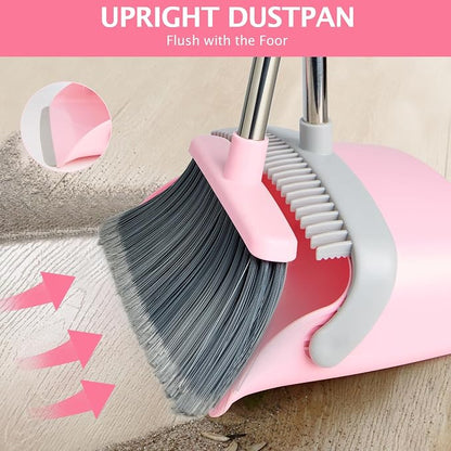 2-Pack Broom and Dustpan Set with Long Handle, Heavy Dust Broom and Dustpan Combo for Home，Kitchen, Office, Pet Hair(Grey Pink)