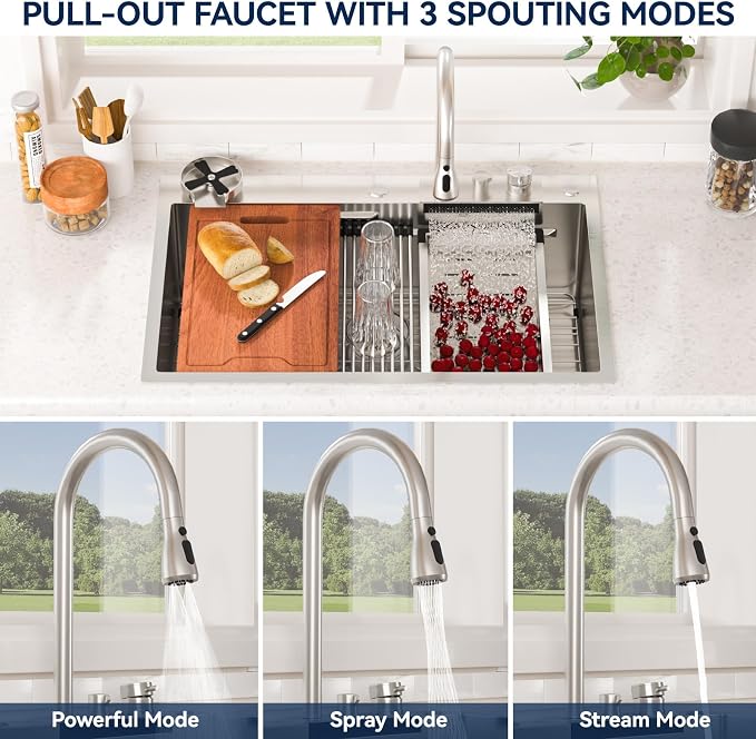 Lordear 33x22 Inch Drop In Kitchen Sink Waterfall Functional T304 16 Gauge 33 Inch Workstation Stainless Steel Single Bowl Kitchen Sinks, 33X22X10 Inch