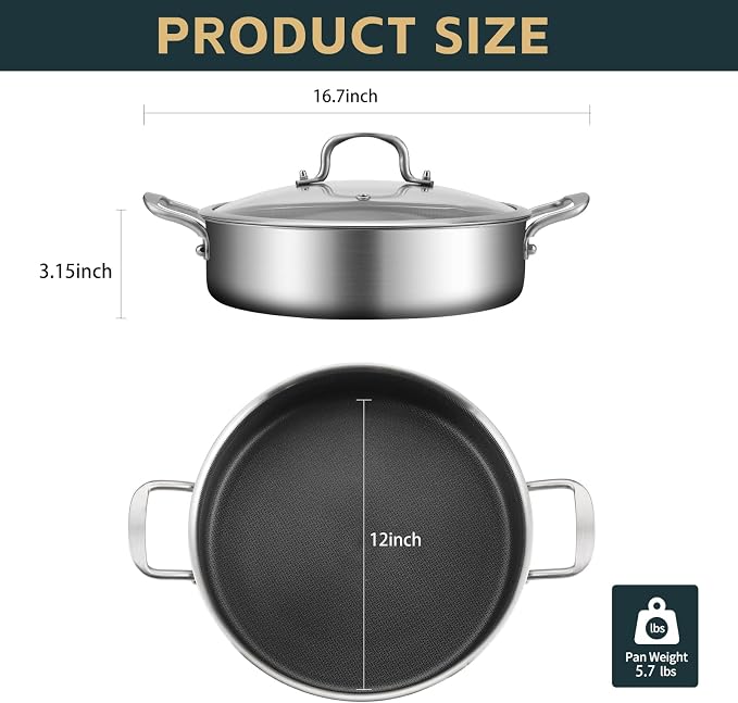 YEKSUM Tri-Ply Stainless Steel 6 Quarts Saute Pan, 12 Inch Nonstick Skillet with lids, Hybird Large Frying Pan,18/10 Chef's Cooking Pan, Induction Pan 12"", Dishwasher and Oven Safe, Silver