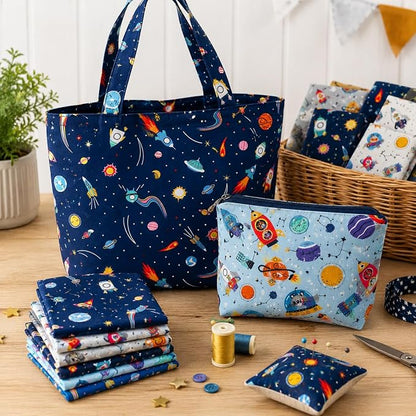 DMFR Galaxy Fabric Squares 5 x 5 Inch, 42 Pcs Cotton Charm Pack Fabric for Quilting, Space Precut Quilt Squares with Rocket Planet Prints for Baby Boy, Kids Sewing, Patchwork and DIY Crafts